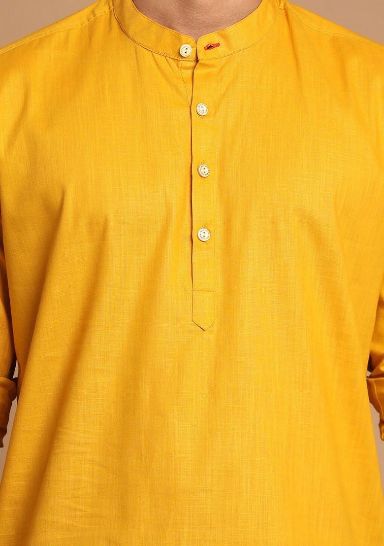 Mustard Solid Poly Blend Kurta For Men