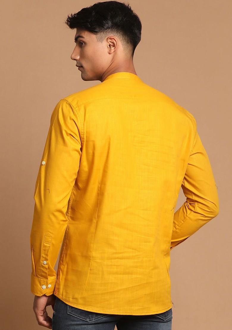 Mustard Solid Poly Blend Kurta For Men