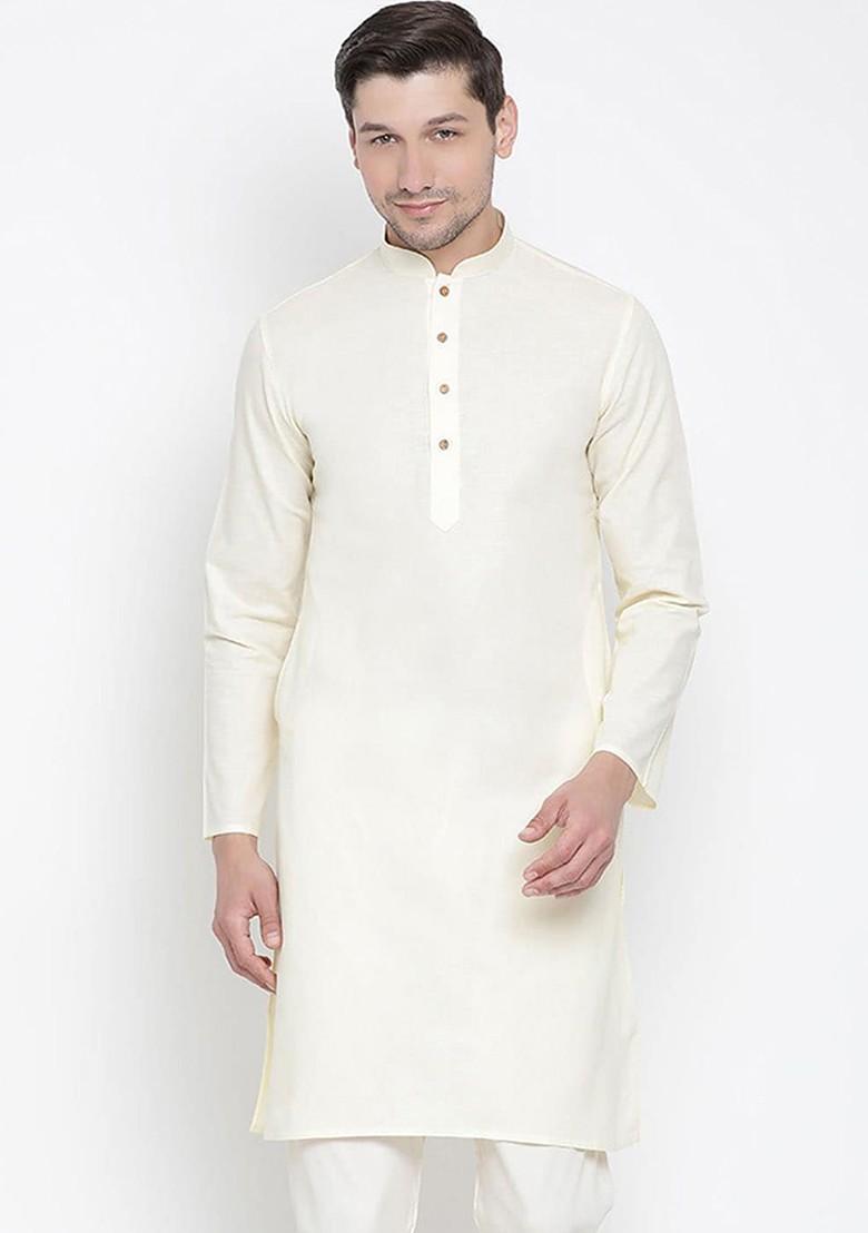 Beige Thread Work Poly Blend Kurta For Men