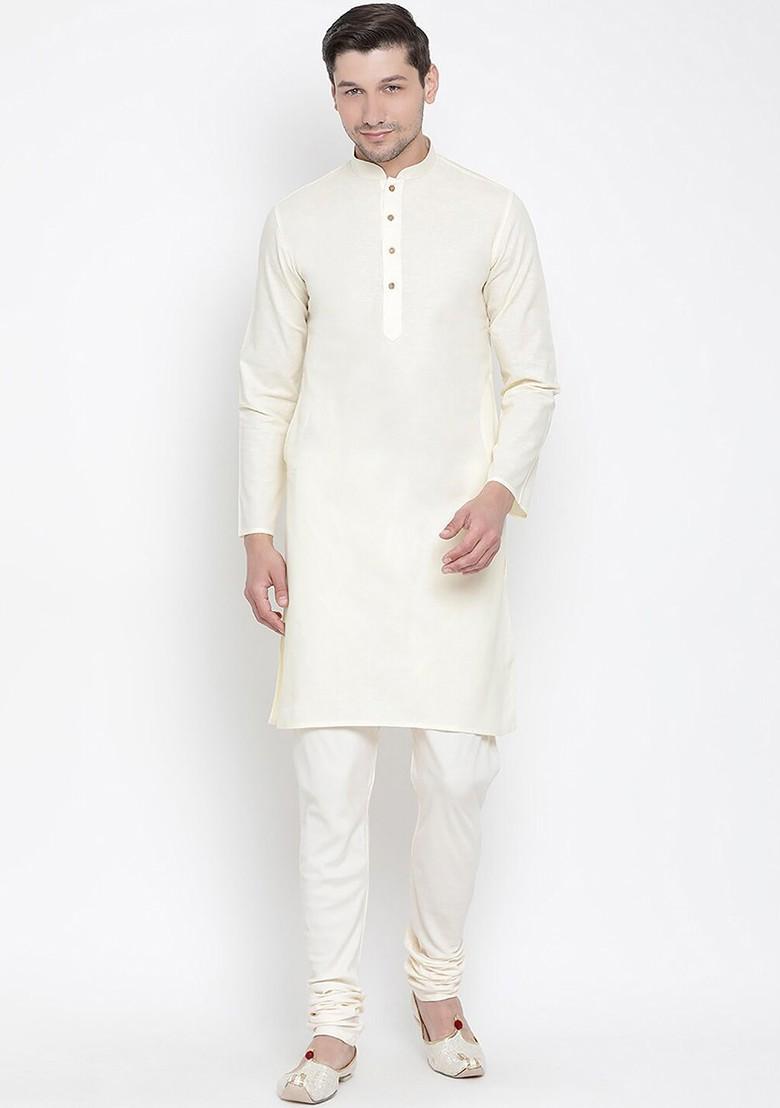 Beige Thread Work Poly Blend Kurta For Men