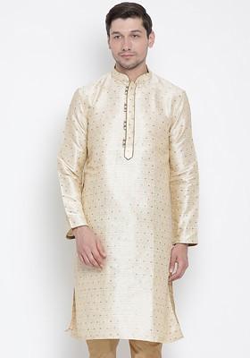 Gold Woven Poly Blend Kurta For Men