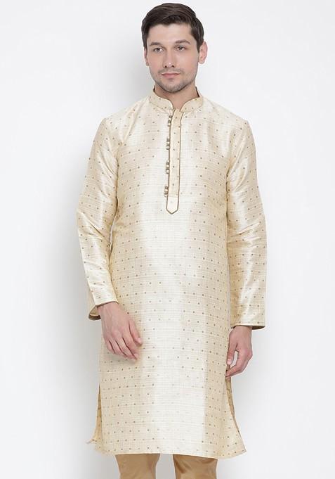 Gold Woven Poly Blend Kurta For Men