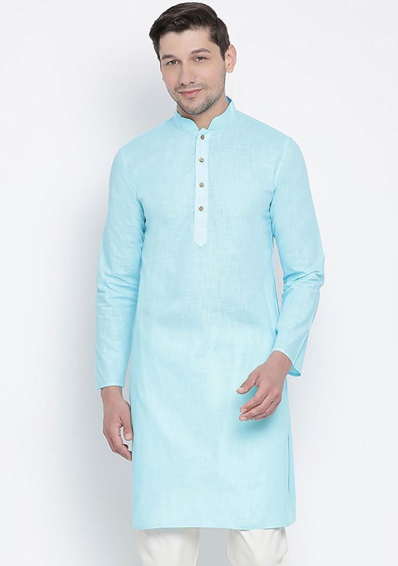 Blue Solid Poly Blend Kurta For Men