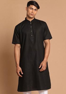 Black Solid Poly Blend Kurta For Men