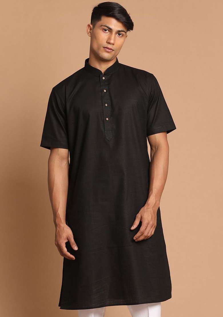 Black Solid Poly Blend Kurta For Men - Indya
