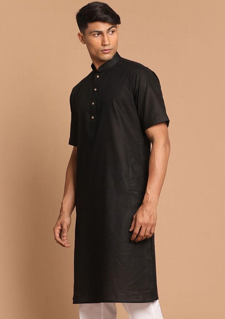 Black Solid Poly Blend Kurta For Men