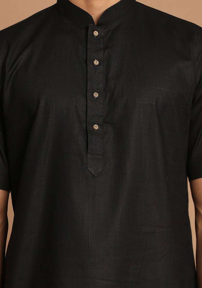 Black Solid Poly Blend Kurta For Men - Indya