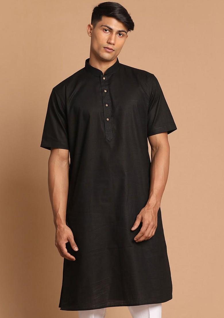 Black Solid Poly Blend Kurta For Men