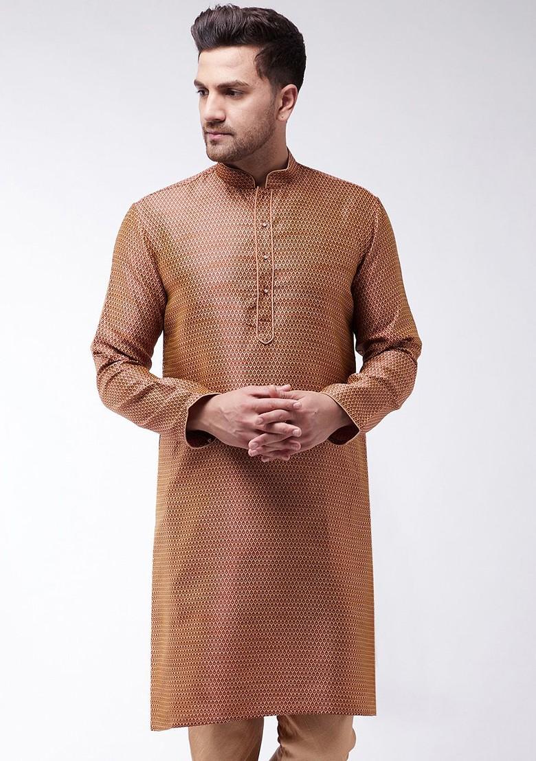 Maroon Ethnic Motifs Jacquard Kurta For Men