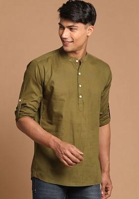 Olive Solid Cotton Kurta For Men