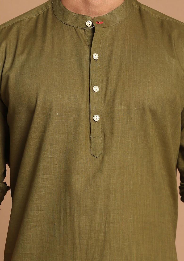 Olive Solid Cotton Kurta For Men