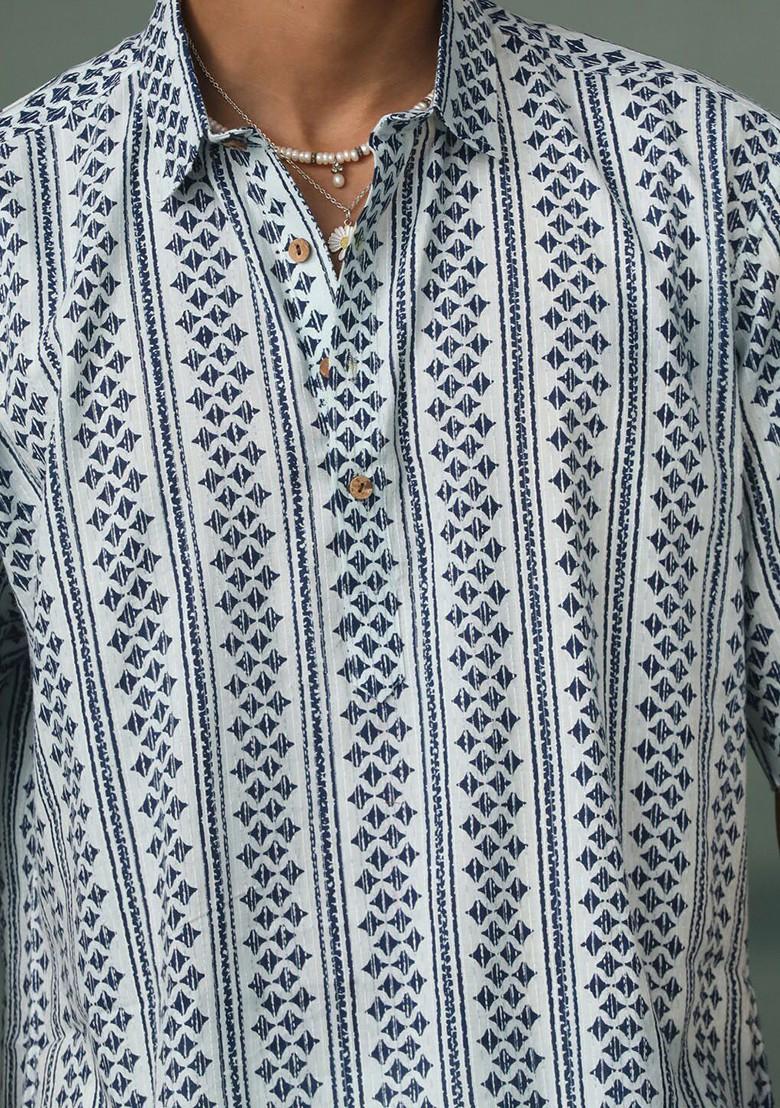 Blue Geometric Print Poly Blend Kurta For Men