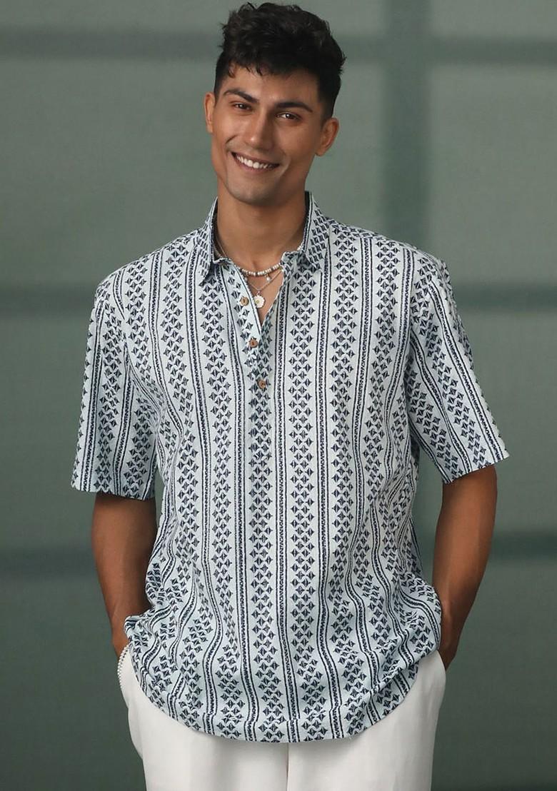 Blue Geometric Print Poly Blend Kurta For Men