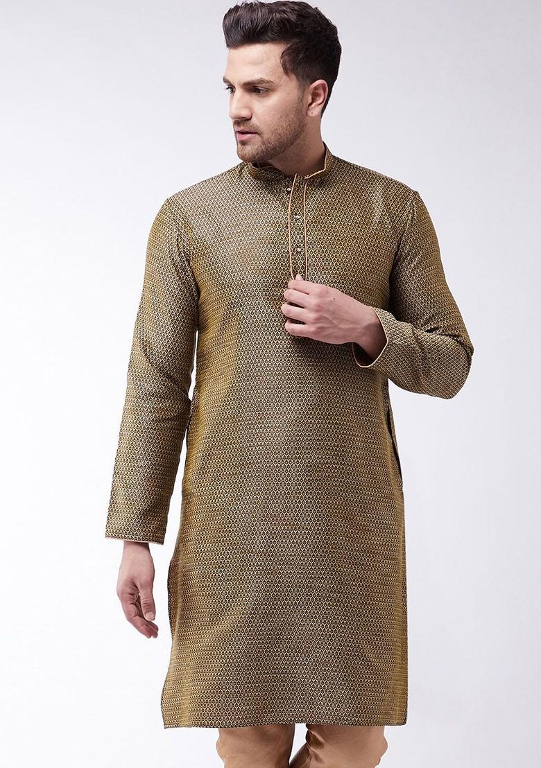 Beige Ethnic Motifs Jacquard Kurta For Men
