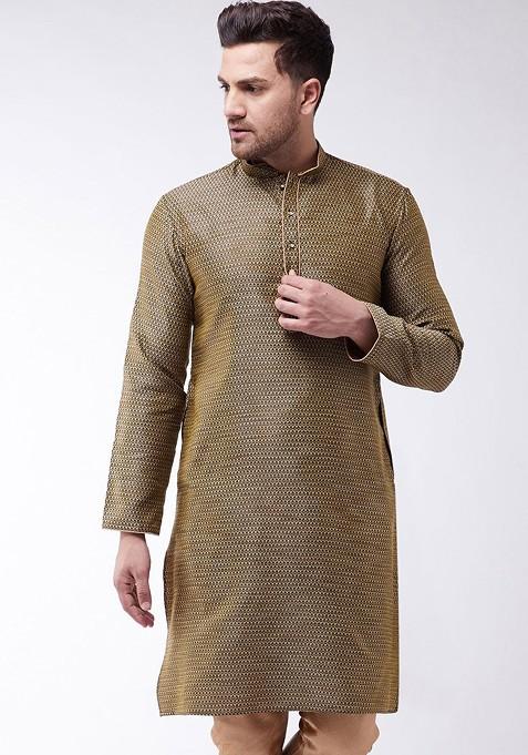 Beige Ethnic Motifs Jacquard Kurta For Men