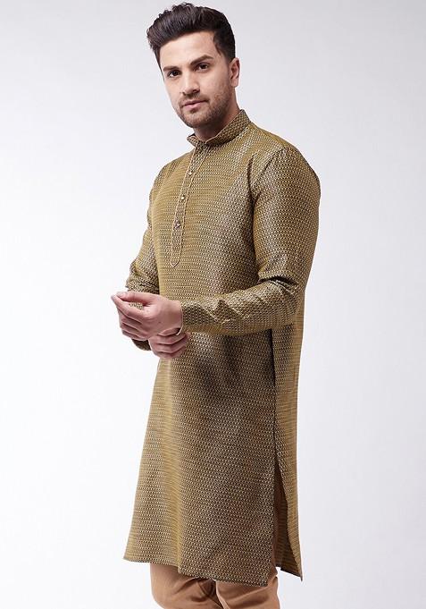 Beige Ethnic Motifs Jacquard Kurta For Men
