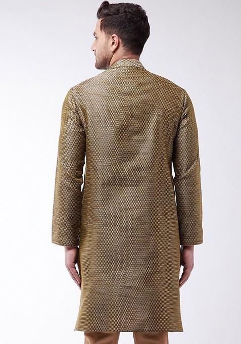Beige Ethnic Motifs Jacquard Kurta For Men