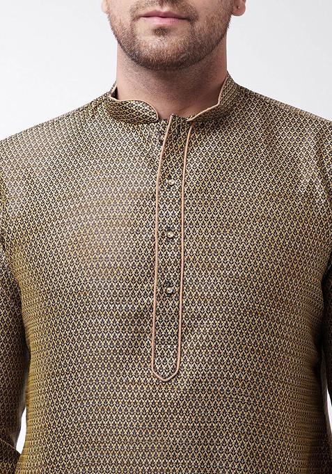 Beige Ethnic Motifs Jacquard Kurta For Men