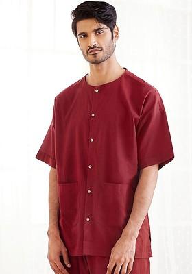 Maroon Solid Cotton Kurta For Men