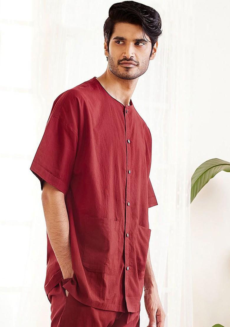 Maroon Solid Cotton Kurta For Men