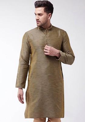 Black Thread Work Poly Blend Kurta For Men