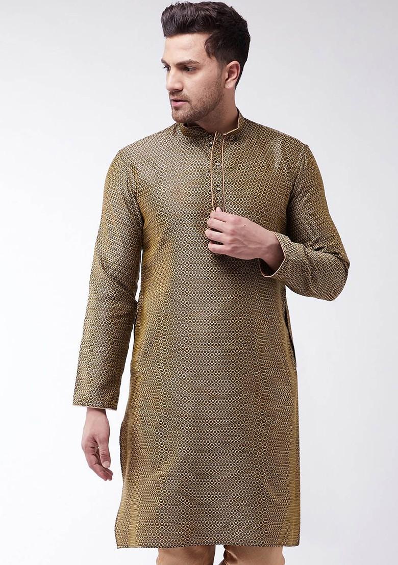 Black Thread Work Poly Blend Kurta For Men