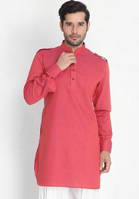Pink Woven Cotton Kurta For Men