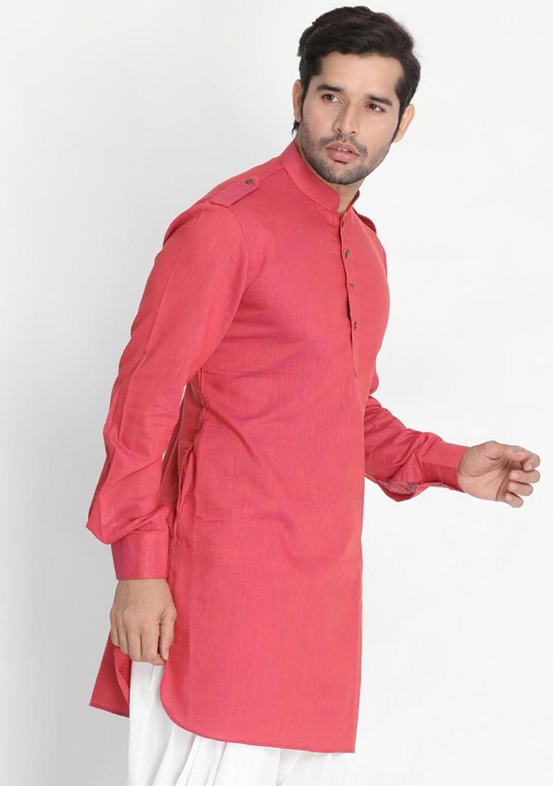 Pink Woven Cotton Kurta For Men