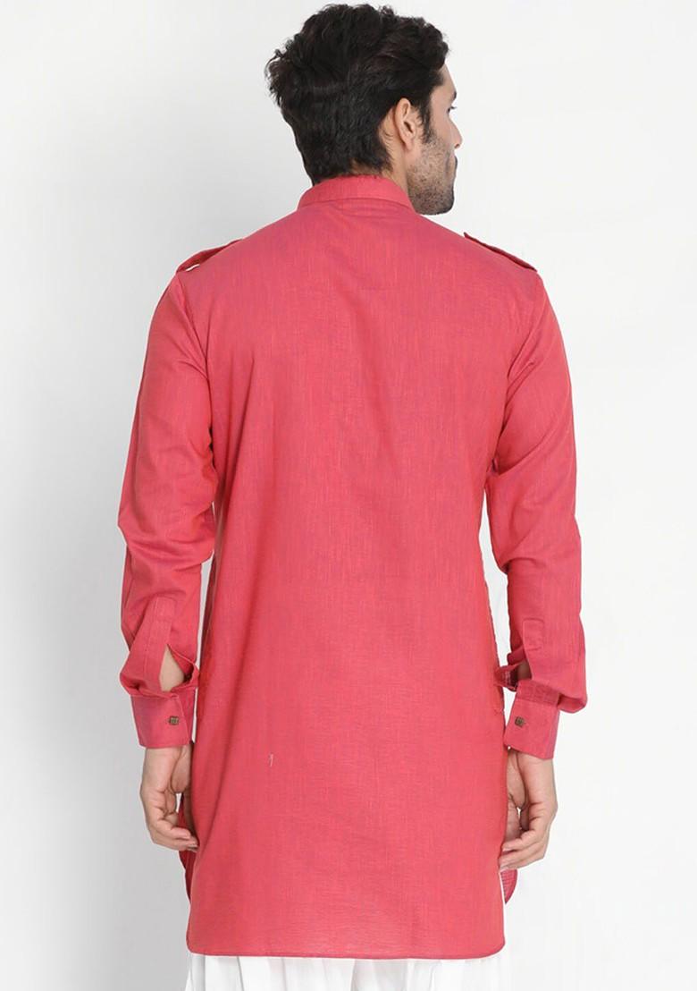 Pink Woven Cotton Kurta For Men