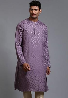 Purple Floral Print Poly Blend Kurta For Men