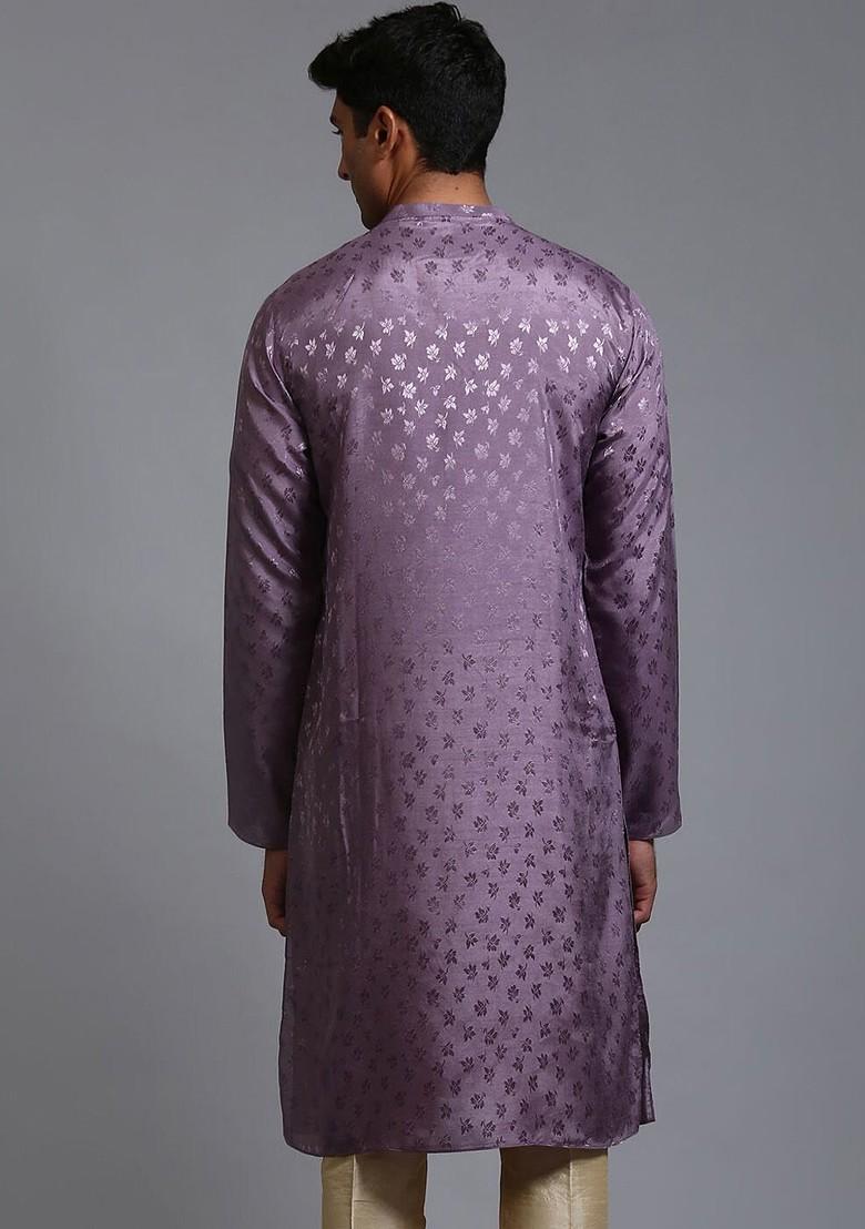 Purple Floral Print Poly Blend Kurta For Men