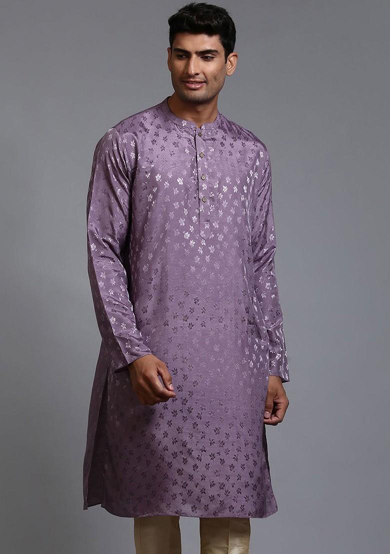 Purple Floral Print Poly Blend Kurta For Men