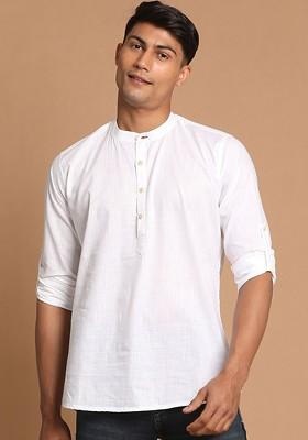 White Solid Poly Blend Kurta For Men