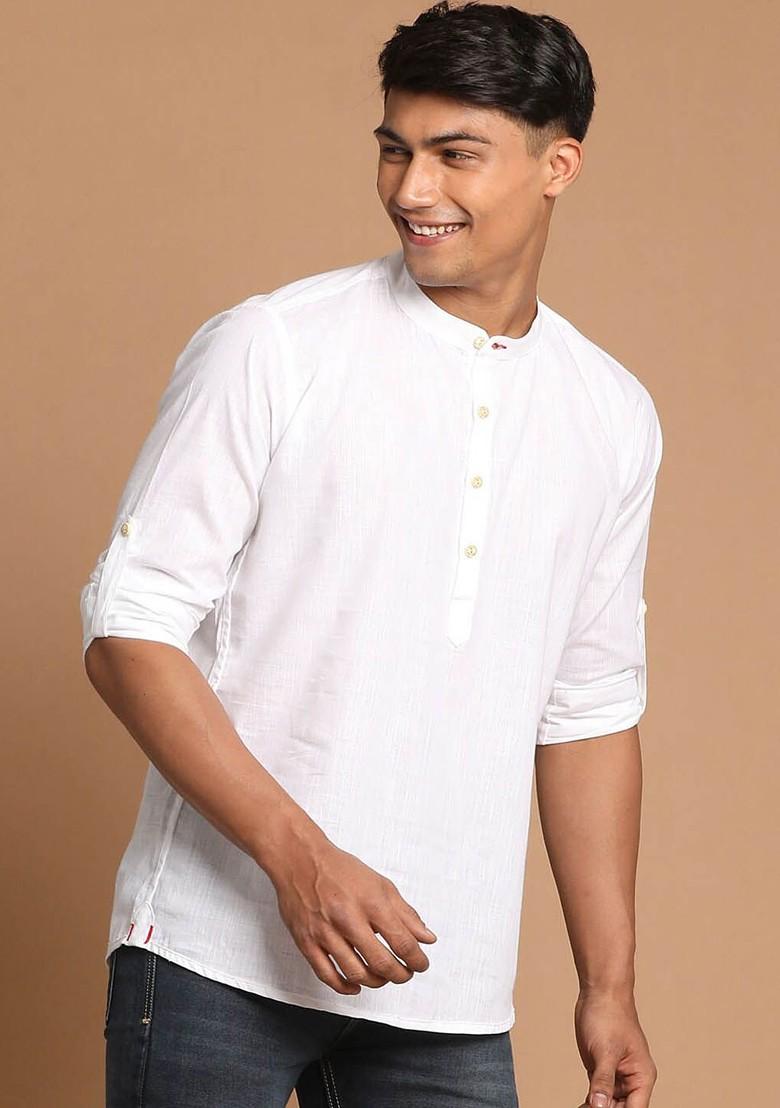 White Solid Poly Blend Kurta For Men