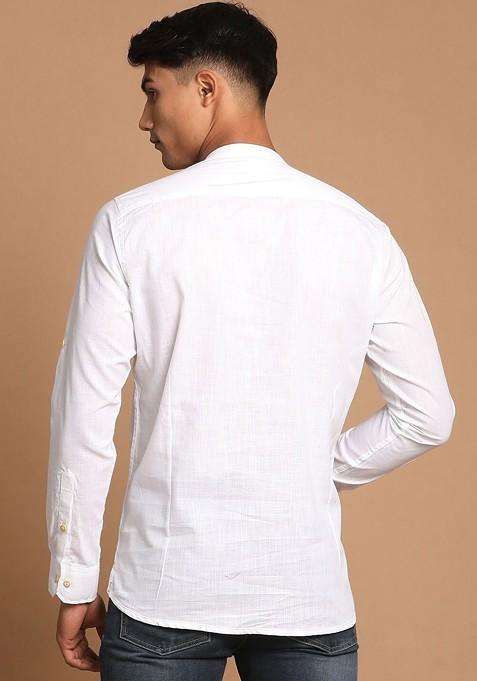 White Solid Poly Blend Kurta For Men