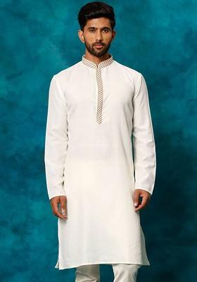 Cream Solid Poly Blend Kurta For Men