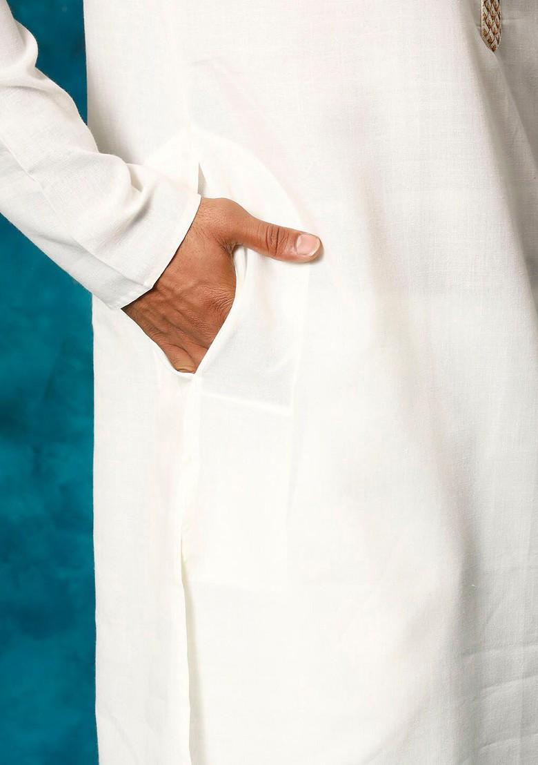 Cream Solid Poly Blend Kurta For Men