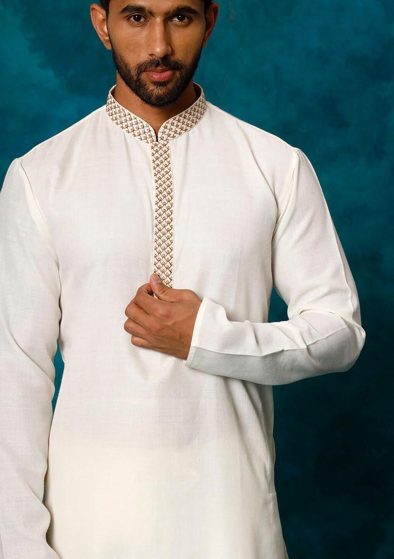 Cream Solid Poly Blend Kurta For Men