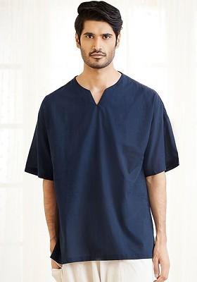 Navy Blue Solid Cotton Kurta For Men