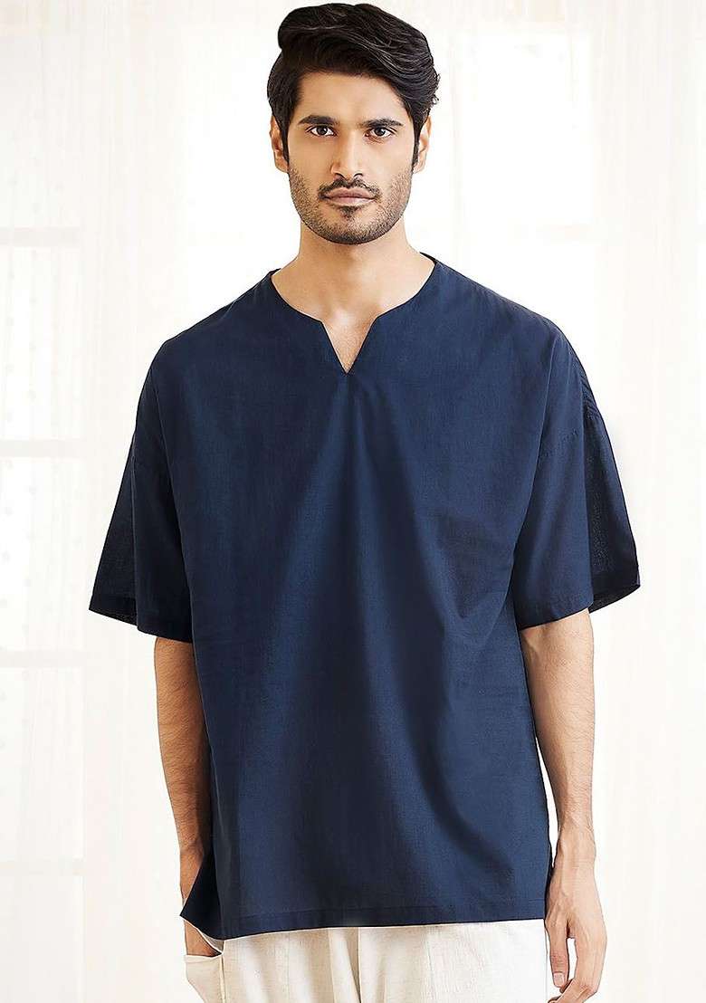 Navy Blue Solid Cotton Kurta For Men - Indya