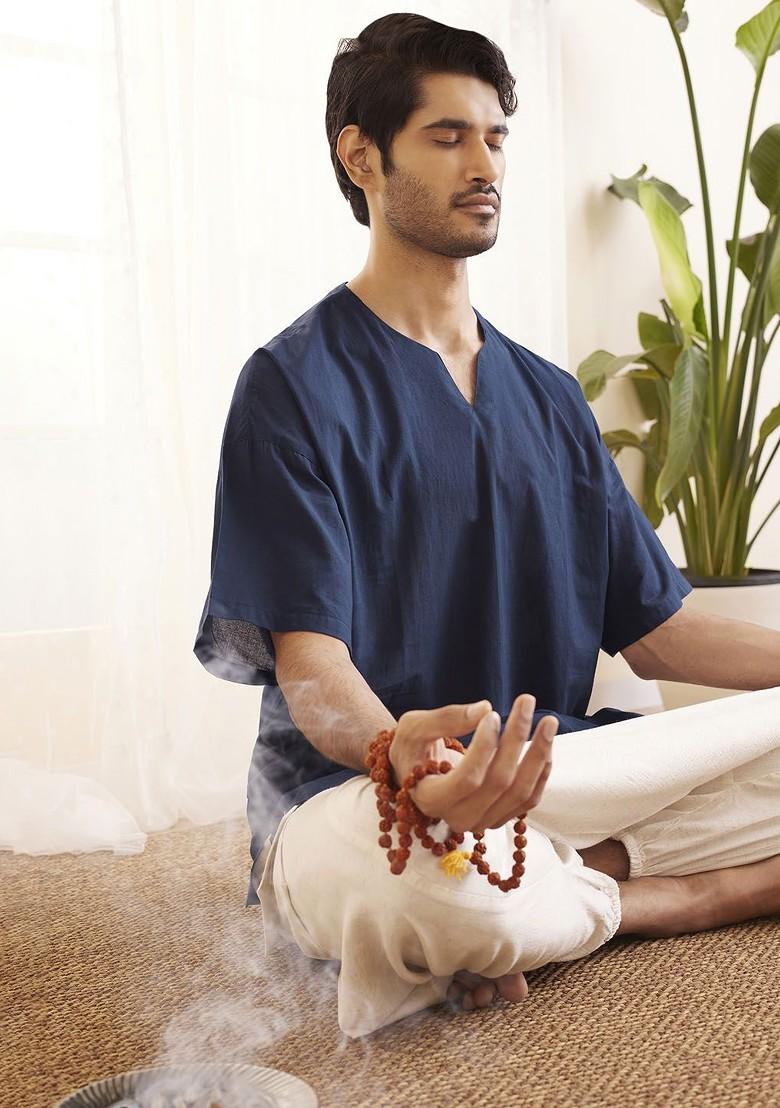 Navy Blue Solid Cotton Kurta For Men