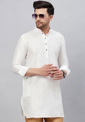 White Solid Poly Blend Kurta For Men