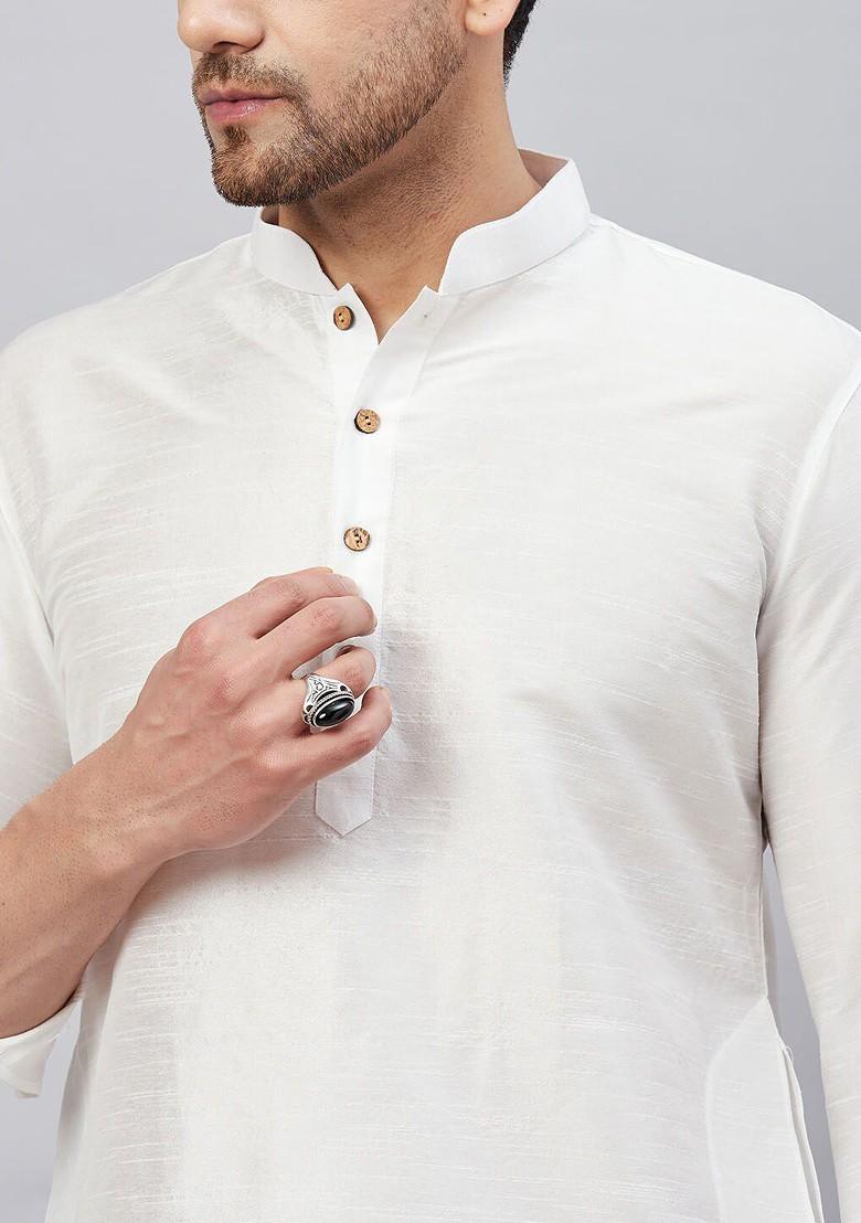 White Solid Poly Blend Kurta For Men