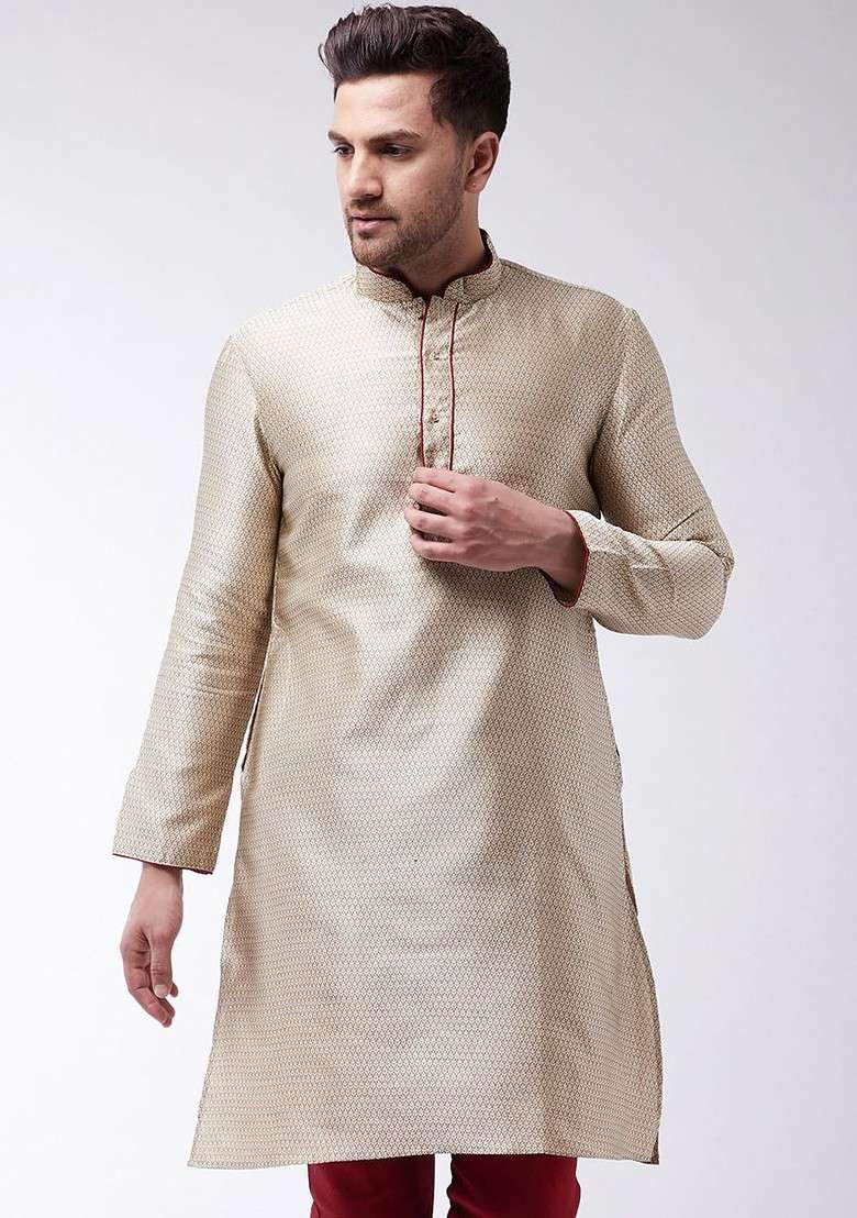 Beige Solid Silk Kurta For Men - Indya