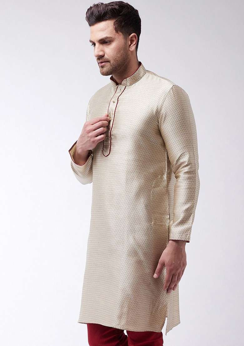 Beige Solid Silk Kurta For Men - Indya