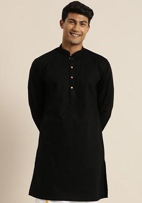 Black Thread Work Poly Blend Kurta For Men