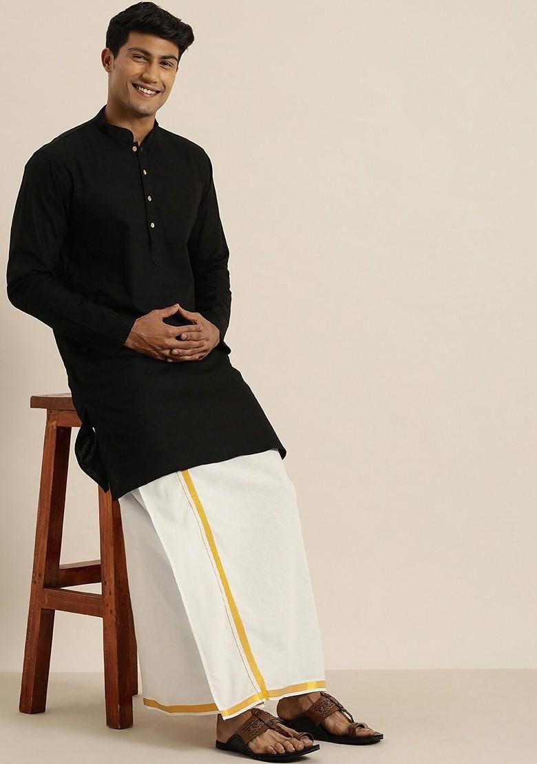 Black Thread Work Poly Blend Kurta For Men