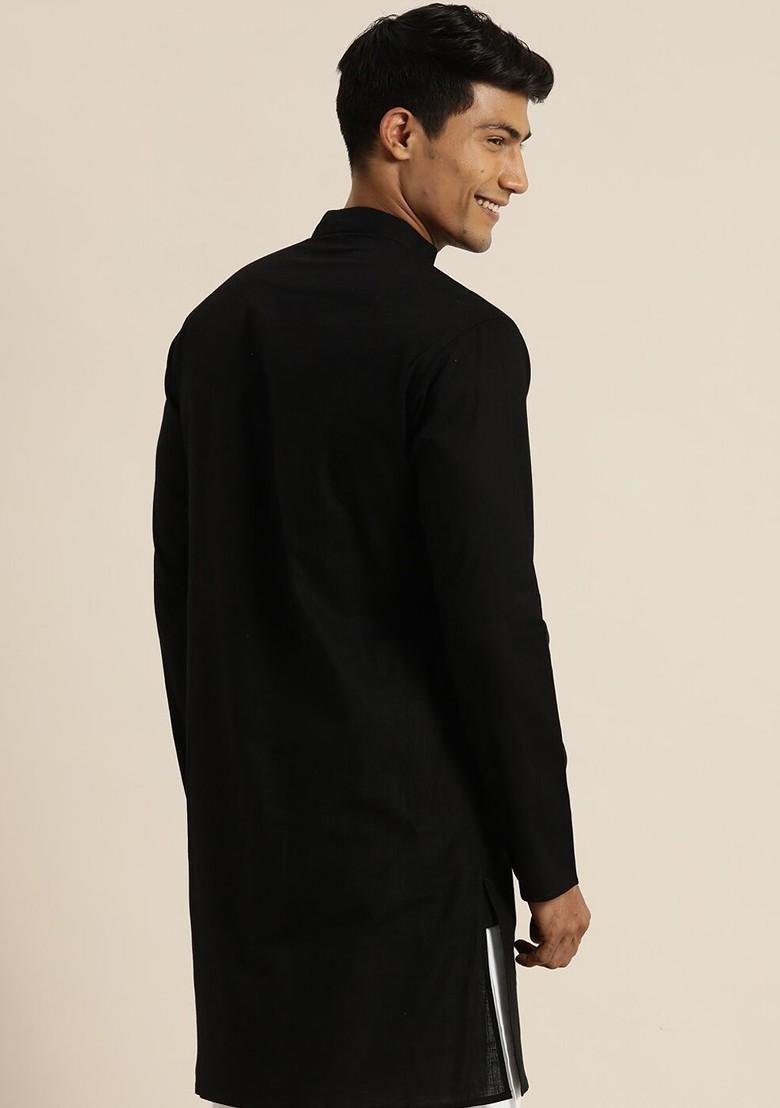 Black Thread Work Poly Blend Kurta For Men
