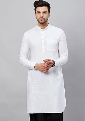 White Solid Cotton Kurta For Men