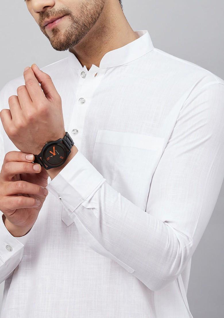 White Solid Cotton Kurta For Men